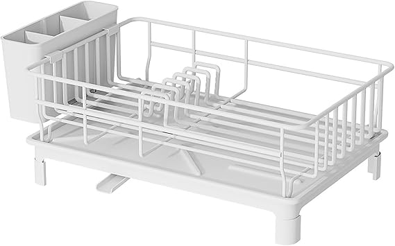 Dish Drying Rack with Drainboard, Stainless Steel Dish Rack for Kitchen Counter, Sturdy Dish Drainer with Removable Utensil Holder, 10.2''W x 15''L, Black&White White