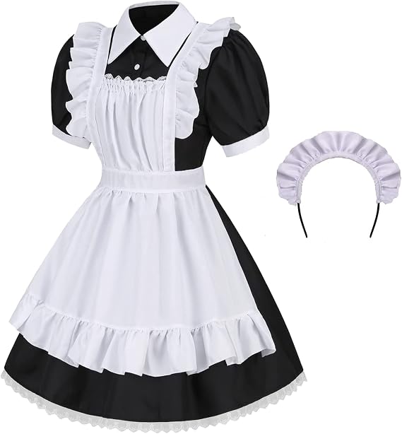 Colorful House Women Anime French Maid Outfit Cosplay Adult Maid Costume Lolita Fancy Dress with Furry Cat Ear(Black Short Dress,Medium)
