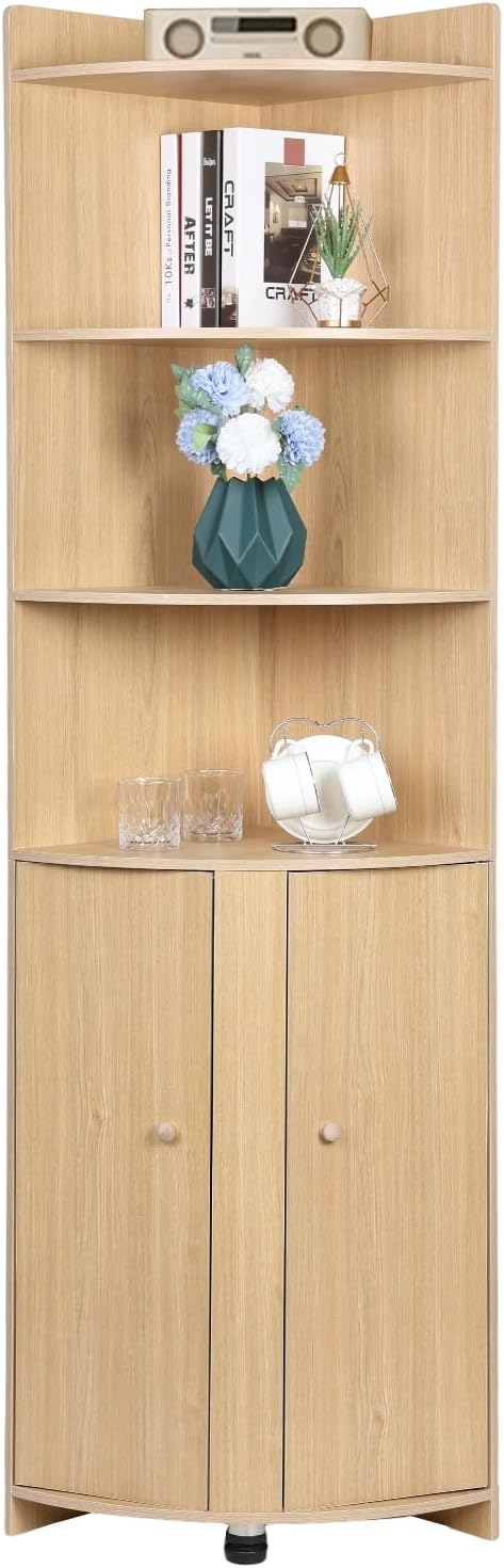 Corner Cabinet,Tall Corner Cabinet, Farmhouse Storage Cabinet with Barn Door Design & Open Shelves, Corner Bookcase, Home Space Saver for Bathroom, Living Room, Laundry Room Wooden Color