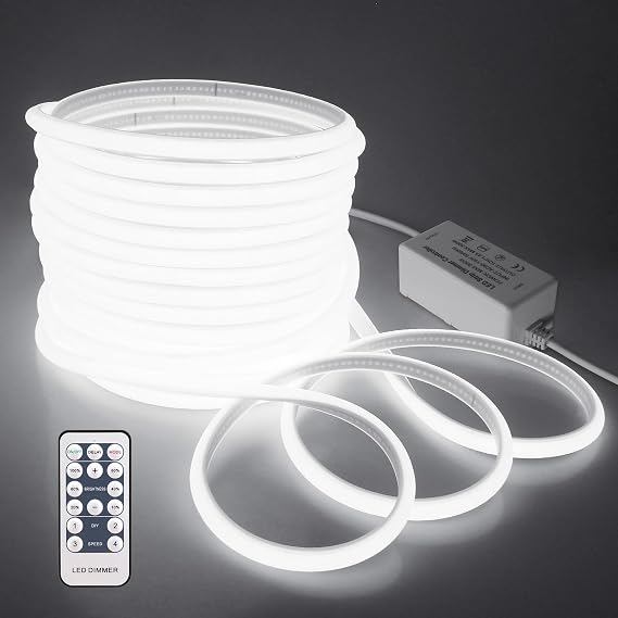 65.6FT COB Led Strip Lights Cold White AC 110V~120V Flexible COB LED Light Strip Outdoor Waterproof LED Rope Light Dimmable Cuttable 6000K for Garden Building Commerical Decor with Remote
