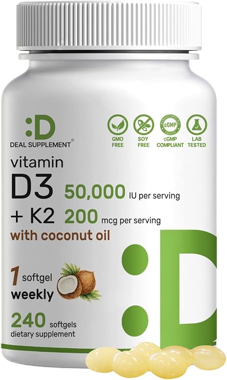 DEAL SUPPLEMENT Vitamin D3 50,000 IU + K2 MK7 200mcg Softgels, 240 Count | 2-in-1 Complex with Virgin Coconut Oil | Supports Heart, Bone, Teeth & Immune Health | Easy to Swallow*
