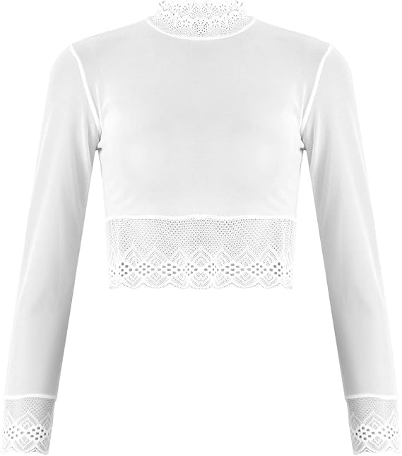 Sheer Mesh Crop Top See Through Lace Trim Long Sleeve Cropped T-Shirt for Women