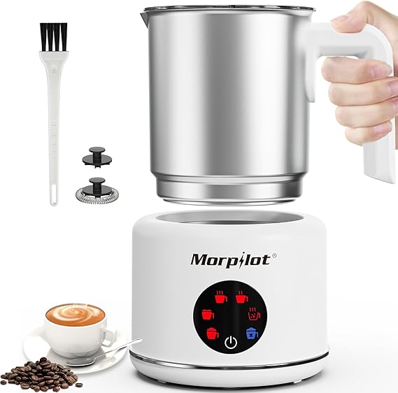 Morpilot Electric Milk Frother 6-in-1 Milk Frother for Hot Cold and Hot Chocolate 130-500 ml 600 W Non-Stick Coating Latte Design Dishwasher Safe Stainless Steel White