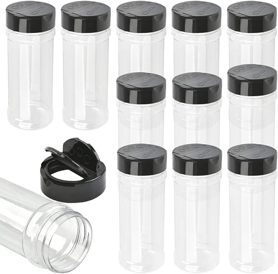 12 Pack Plastic Spice Containers, 8oz Plastic Spice Jars with Black Cap, Plastic Spice Bottles With Shaker Lids, Empty Seasoning Bottles Plastic Seasoning Containers for Spice, Herbs and Powders