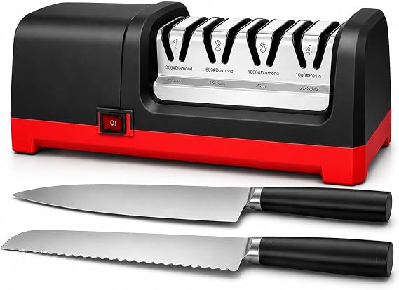 4-Stage Electric Knife Sharpener, Heavy Duty Knife Sharpener with 20 Precision Angle for Straight, Serrated & Ceramic Knives, 100% Diamond Abrasive, Resin Polishing