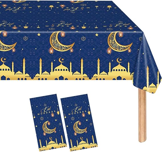 2 Pack Eid al-Fitr Plastic Table Covers Table Cloths BBQ Picnic Party Table Cloth Blue Table Cover 54 x 108 in