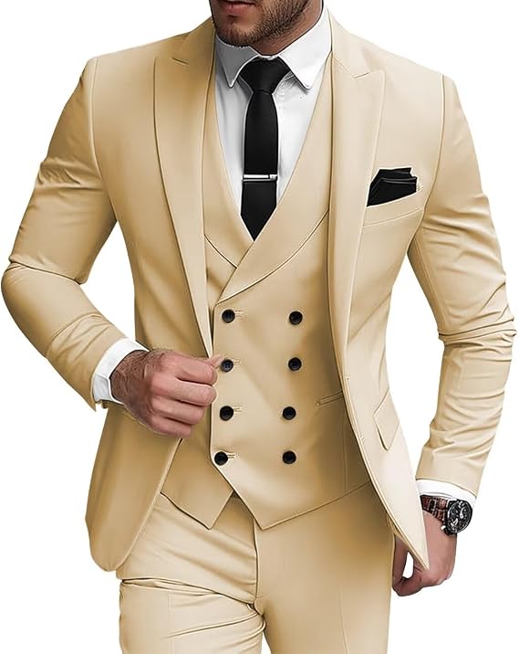 Mens 3 Piece Suit Classic Fit Double Breasted Suit for Men Formal Business Wedding Prom Suits