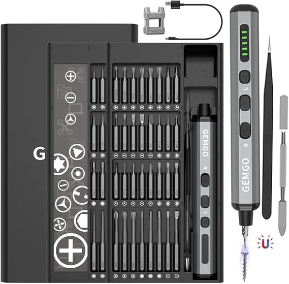 Mini Precision Electric Screwdriver Set: GEMGO 68 in 1 Small Power Screwdriver Cordless Rechargeable - Magnetic Case, 5 Torque Settings, LED Light - Repair Tool Kit for Electronics