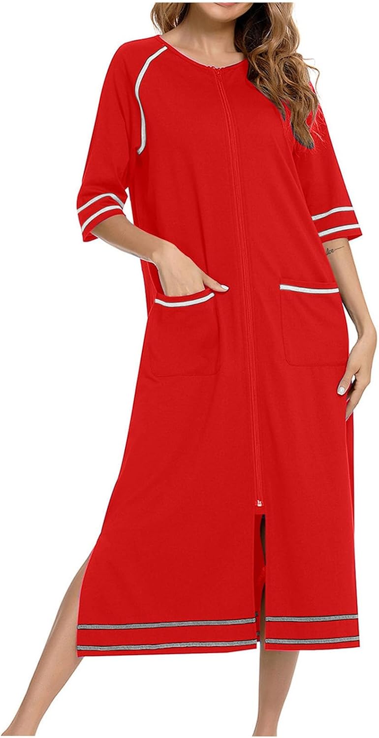 Zipper Robes for Women 34 Sleeve Loungewear Nightdress Loose Pajamas Dress Full Length Sleepwear with Pokets
