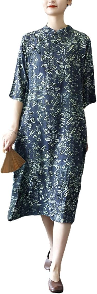 HEARTTOUCH Women Cotton Linen Qipao Chinese Elegant Cheongsam Loose Chinese Style Dress Traditional Soft Comfy Summer Dress