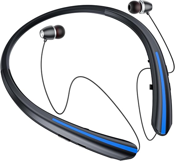 Retractable Bluetooth Neckband Headphones - IPX5 Sweatproof Wireless Headset with Adjustable Earbuds, 18H Playtime, Mic, Vibration Alerts for Running/Gym (Blue)