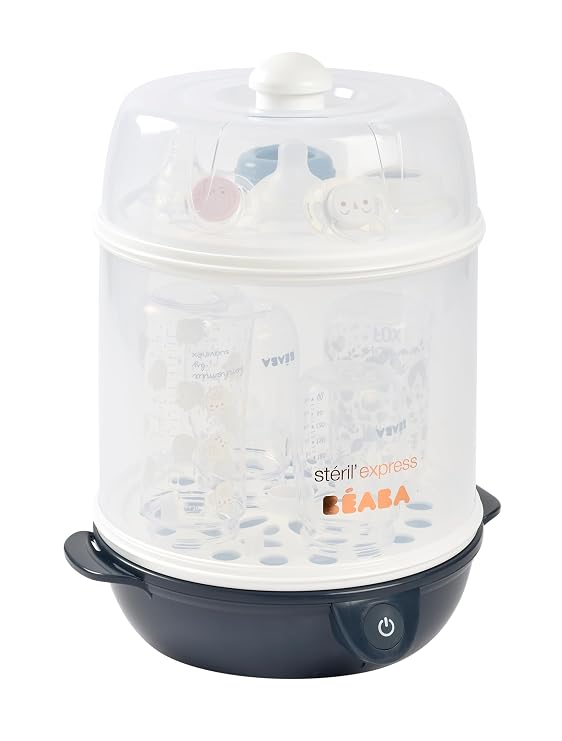 BEABA Steril' Express 2-in-1 Baby Bottle Sterilizer, Fast Sterilization in 6 Minutes, Auto Shut Off Feature, Steam Sterilizer for Baby Bottles, Midnight