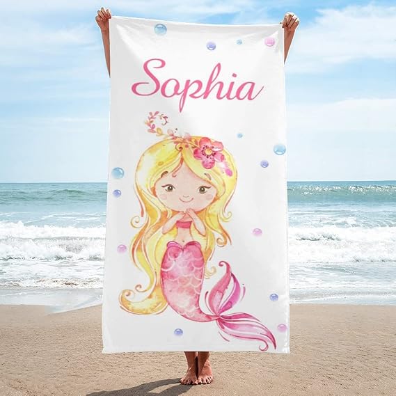 BUY JOY Mermaid Beach Towels, Personalized Beach Towel for Women Girl, Mermaid Scales Watercolor Large Size Custom BathPool Towel with Name Text 3060 inches (Mermaid 1)