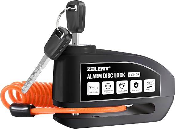 Alarm Disc Lock Motorbike Lock | 110dB 7mm Pin, Accessories with Reminder Cable and Carry Pouch, High Security Disc Brake Lock for Motorbike,Bike,Moped