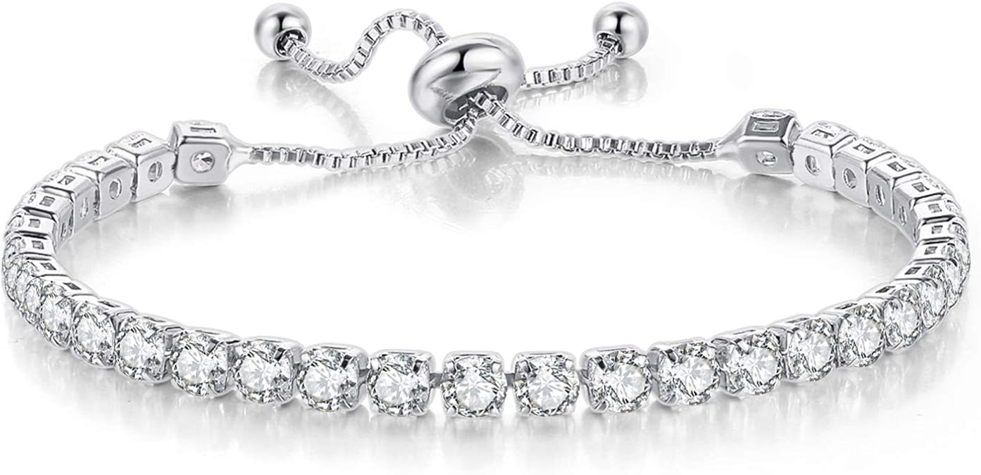 Tennis Bracelets for Women White Gold Plated Diamond AAA+ Cubic Zirconia CZ Dainty Classic Adjustable Slider Bracelet Silver Fashion Jewelry Wedding Gift