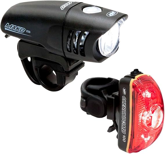 NiteRider Mako & CherryBomb Combo Front and Back Bike Light Set - 250 Lumen Headlight & 100 Lumen Taillight Replaceable Battery Long Run Time Road Bike Commute Fixie Night Riding Safety Accessories