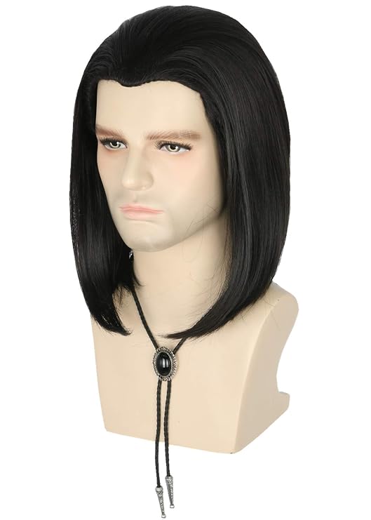 Topcosplay Mens Wig+Bolo Tie Black Short Cosplay Wigs for Halloween Costume