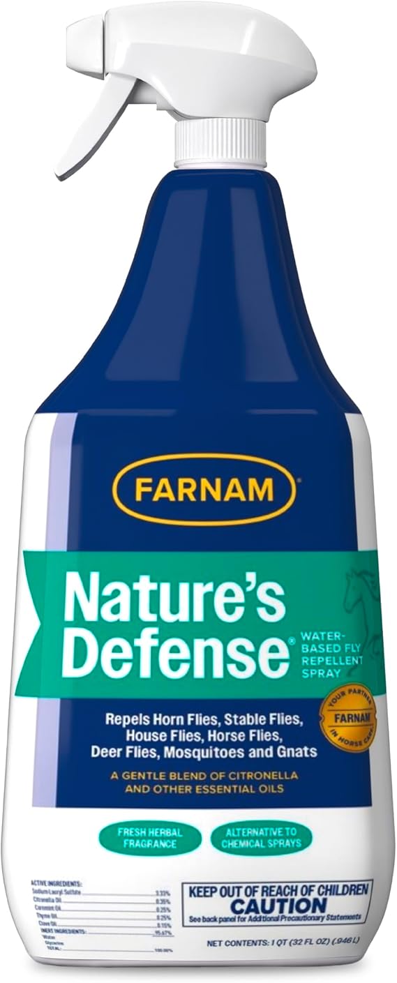 Farnam Natures Defense Botanical Fly Repellent Spray for Horses, 32 oz | Water-Based,Repels horn flies, stable flies, house flies, horse flies, deer flies, mosquitoes and gnats