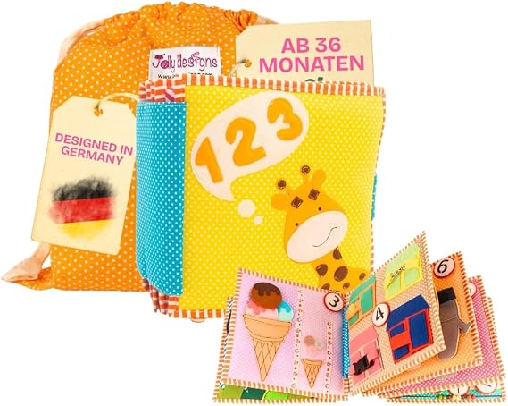 Jolly Designs® Premium Quiet Book 1, 2, 3 for Toddlers, Montessori Toy from 1 Year, Felt Motor Skills Book with Various Activities, Promote Fine Motor Skills, Sensory Skills and Creativity