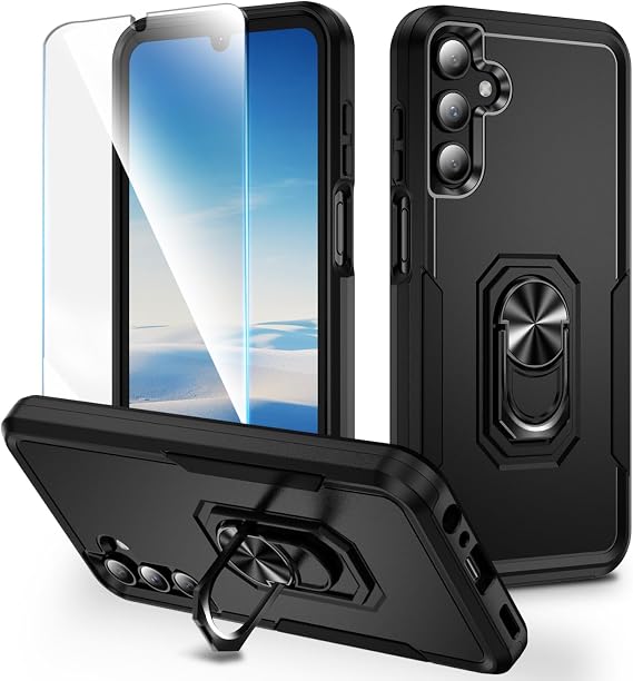 Compatible with Samsung Galaxy A25 5G Case with HD Screen Protector & Rotated Ring Kickstand, [2 in 1] Heavy Duty Shockproof Phone Case, Black