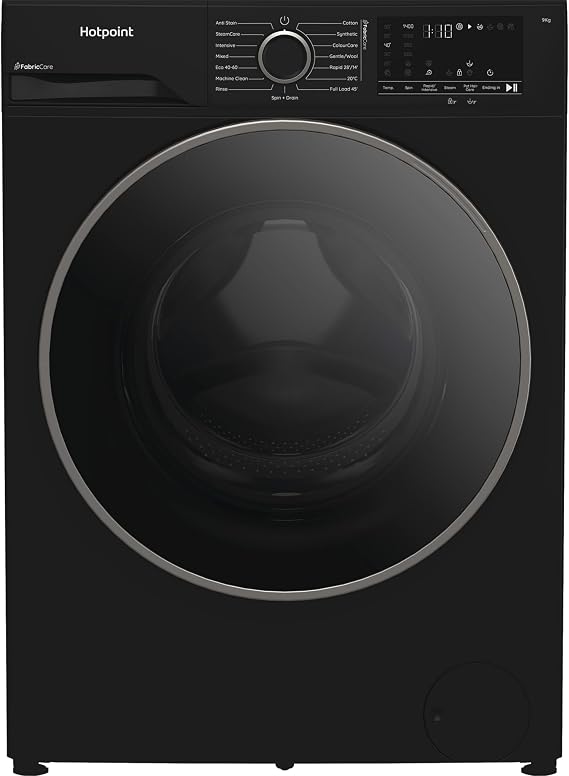 Hotpoint Front Loading Washing Machine, 9 kg, 1400 RPM, A Rated, SteamCare, Anti-Stain, Child Lock, LED Display, 84.5x60x58 cm (Black)