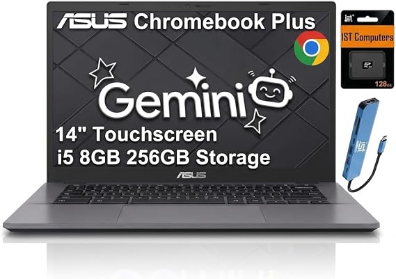 ASUS Chromebook Plus CX34, 14" Touchscreen, Intel i5-1335U, 8GB RAM, 512GB | 128GB Storage + 128GB SD Card, FHD, Laptop for Enterprise Business, Student, 1080p Webcam, Gemini AI, USB C HUB, Chrome OS