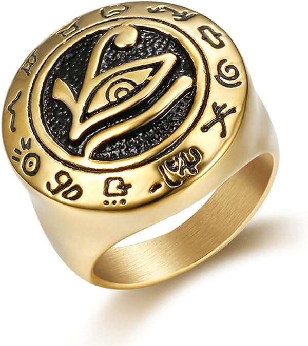 Men's Stainless Steel Egypt Eye of Horus Ring Round Top Signet Protection Symbol Jewelry