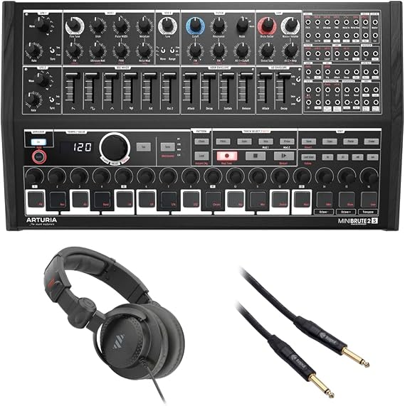 Arturia MiniBrute 2S Special Edition Noir Semi-modular Analog Sequencing Synthesizer Bundle with Polsen HPC-A30-MK2 Studio Monitor Headphones and 10' Instrument Cable