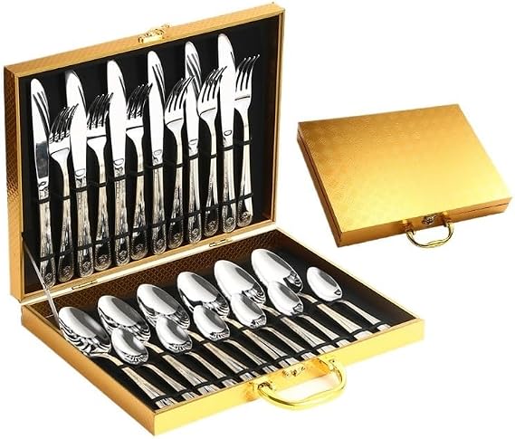 Silverware Flatware Set, 24-piece Stainless Steel Cutlery Set Knife, Fork And Spoon Gold Gift Box Set(Gold)