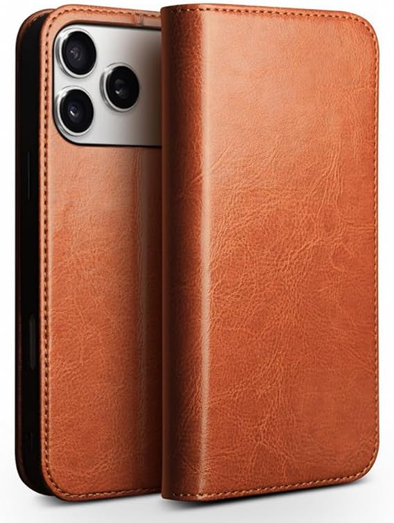 Genuine Leather Case for iPhone 17 Pro Max/17 Pro/17 Air/17, Flip Wallet Case with Card Slots High-Grade Business Phone Cover,Orange,17 ProMax