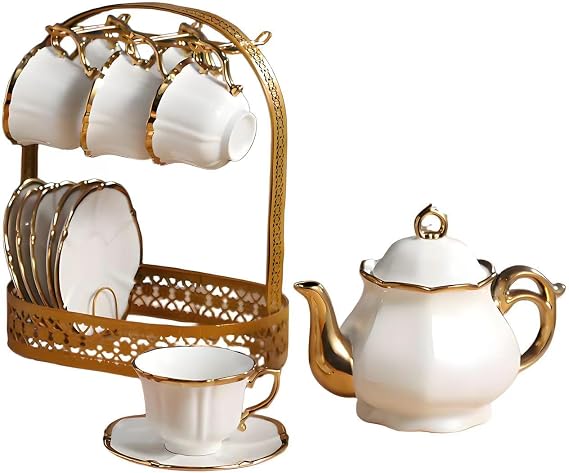 14 Pcs Vintage Porcelain Tea Set with Metal Holder with Metal Holder Gold Plated Saucer European Ceramic Tea Set, Gold Flower Cup for Women,Serving 6 People (Delicate Style) (Classic)
