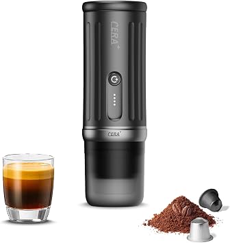 CERA+ PCM03S Portable Espresso Machine, Self-Heating, Up to 8 Cups per Charge, 20 Bar Mini Coffee Maker Compatible with NS Capsules & Grounds, Travel Coffee Maker for Camping, Hiking, Car & Office