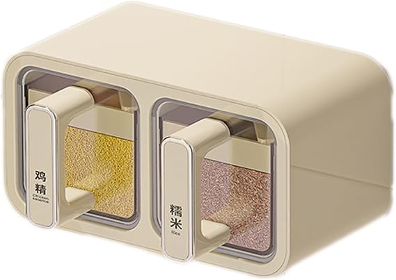 Dxcaicc Drawer Spice with Spoon and Label, Kitchen Spice Organizer, Seasoning Storage Box with Top Table, for Salt Sugar Pepper Spice,Beige,2 Slots