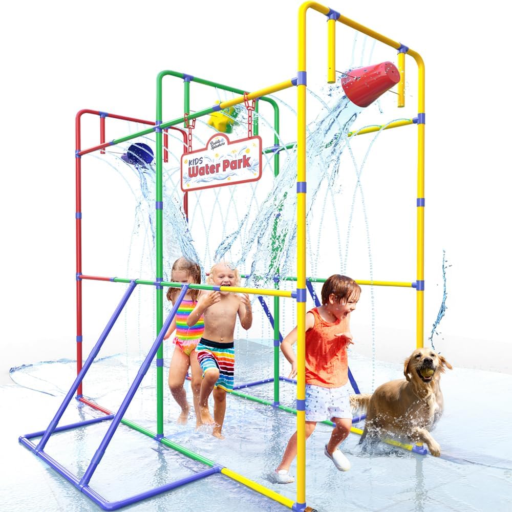 Backyard Waterpark with Splash Wheel, Dump Buckets for Kids Outdoor Water Play
