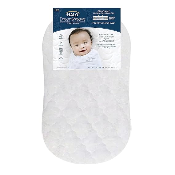HALO DreamWeave Breathable Mesh BassiNest Pad 100% Washable Cover and Core Hypoallergenic, Non-Toxic Materials