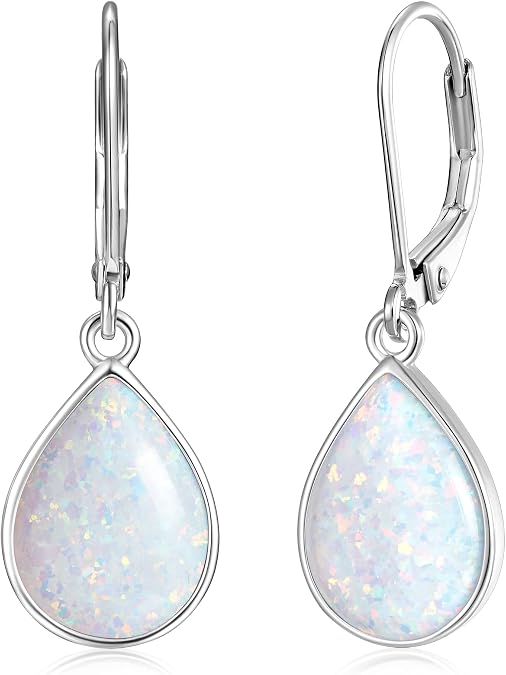 925 Sterling Silver Opal Teardrop Leverback Earrings Dangle | Tear Drop Waterdrop Created Earring Jewelry October Birthstone Birthday Gifts for Women Wife Grandma Hypoallergenic