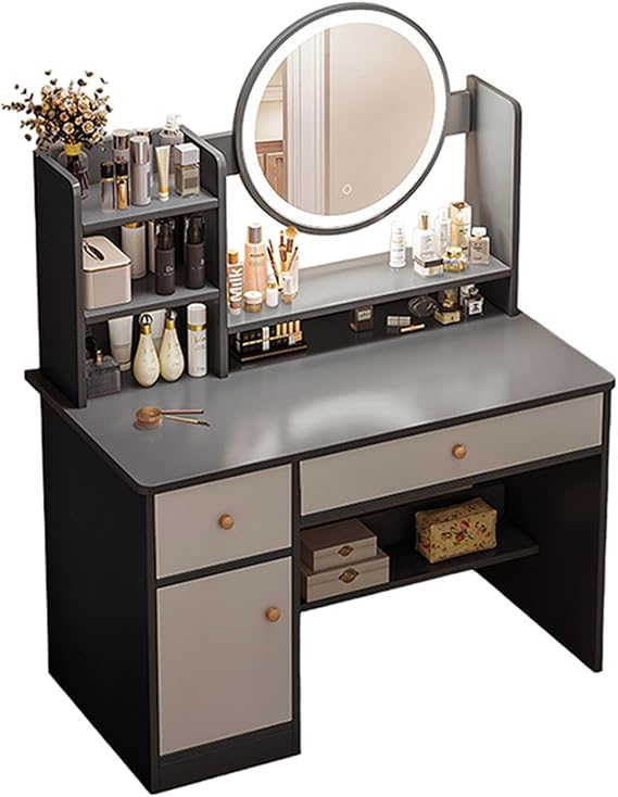 Fashion Makeup Vanity Set with 3 Colour Adjustable LED Mirror Lights, Makeup Desk with Cushioned Stool(Optional), Vanity Desk with Open & Hidden Storage Shelves as