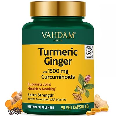 VAHDAM Extra Strength Turmeric Ginger Supplement with 1500mg Curcuminoids per Serving | Added Piperine for Better Absorption | Supports Joint Health and Mobility | 90 Veg Capsules