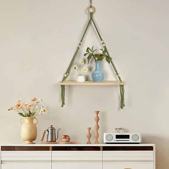 LB Boho Green Macrame Wall Hanging Shelf with Wooden Beads Bohemian Indoor Outdoor Wood Floating Shelves Wall Decor Green Aesthetic Handmade Cotton Woven Decor for Living Room 25.9"x15.7"
