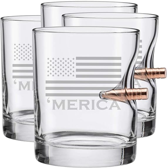 BenShot 'Merica Rocks Glass with Real .308 Bullet - 11oz | Made in the USA [Set of 4]