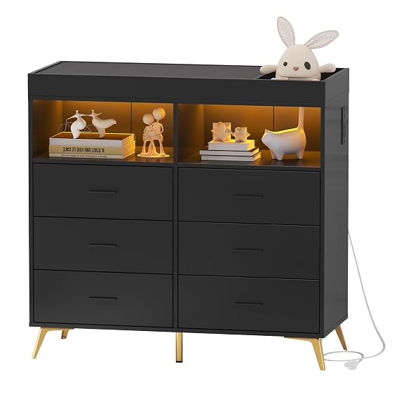 Changing Table Dresser with Drawers, Baby Dresser with Changing Table Top, Power Outlet, LED Light & Metal Feet, Diaper Changing Station Nursery Organizer for Infants Newborn, Black