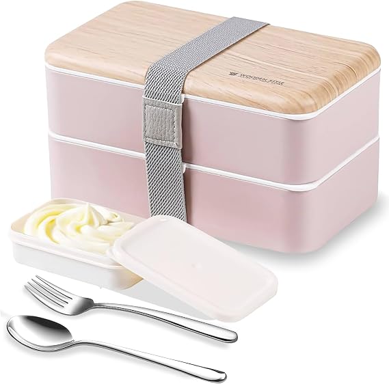 Binoster Original Bento Box Lunch Box Japanese Style 2 Layer Food Containers with Utensils Spoon and Fork Bundle Divider Salad Box for Men Women(Pink)