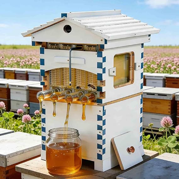 Beehive Beekeeping Box & Flow Hive Starter Kit, 4 Flow Frames & 6 Brood Frames, Observation Window, Honey Tap, for Garden Pollinators & Beginners,A