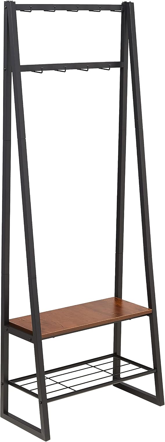 Amazon Basics 9-Hook Coat Rack with Shoe Bench and 2-Tier Storage, 70.1 x 33 x 175.2 cm, Black