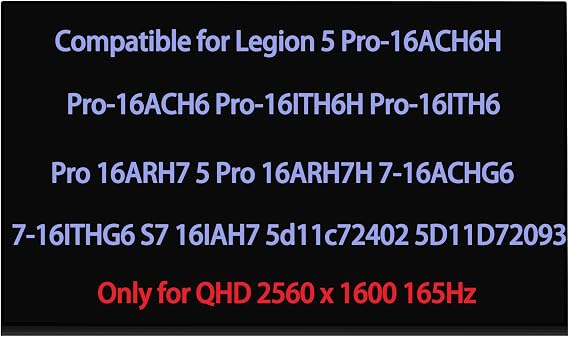 16.0" Replacement for Lenovo Legion 5 Pro-16ACH6H Pro-16ACH6 Pro-16ITH6H Pro-16ITH6 Pro 16ARH7 5 Pro 16ARH7H 7-16ACHG6 7-16ITHG6 S7 16IAH7 5d11c72402 5D11D72093 LCD Screen Replacement Display 165Hz