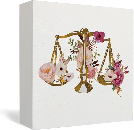 Lawyer Attorney Gifts for Women Wood Box Sign Decor, Lawyer Graduation Gifts, Floral Scales of Justice Wooden Block Sign Decorations for Home Office Desk Shelf Table Accessories 5x5 Inches
