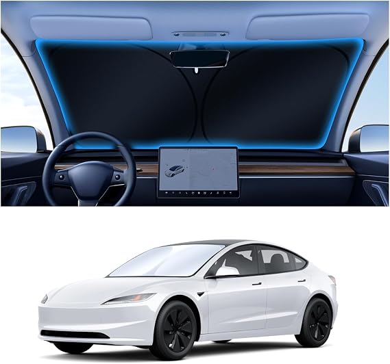Canvcle Windshield Sun Shade for 2017-2025 2026 Tesla Model Y/3 Accessories (Fit 2025 Model Y Juniper/2024 Model 3 Highland) Double-Layer Front Window Sunshade Sun Visor Block UV Rays Keep Car Cool