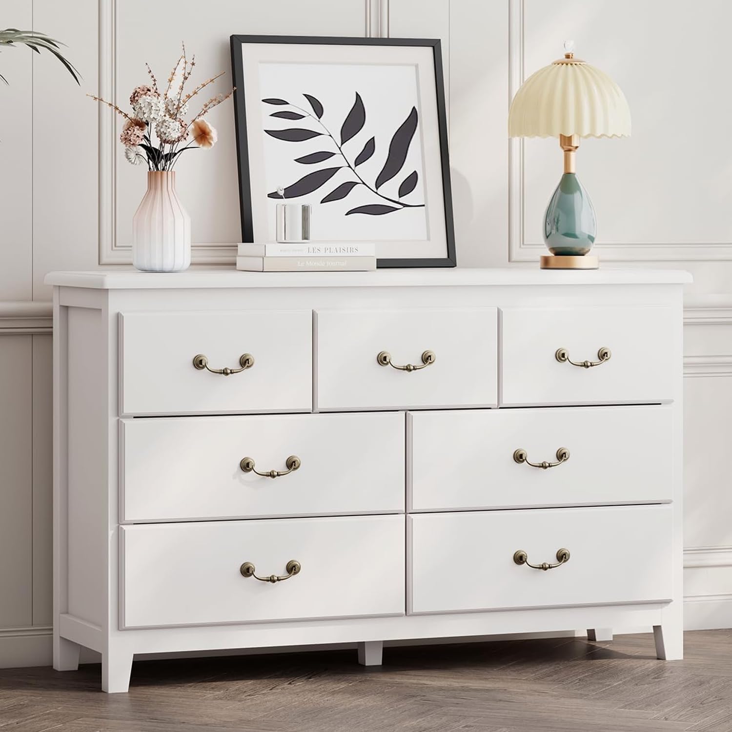 White Dresser for Bedroom, Farmhouse Dresser for Bedroom, Wide Chest of Organizer Storage Drawers for Living Room, Hallway, Entryway White, 7 Drawer