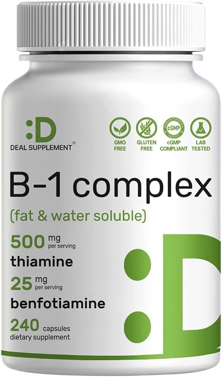 DEAL SUPPLEMENT Vitamin B1 500mg with Benfotiamine, 240 Capsules 2 in 1 Enhanced Formula Fat & Water Soluble Thiamine B1 Supplement Third Party Tested, Non-GMO, No Gluten