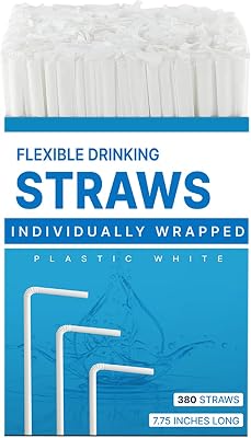 Plastic White Flexible Drinking Straws 380 Bulk, Individually Wrapped Disposable White Straws 7.75 Inches Long